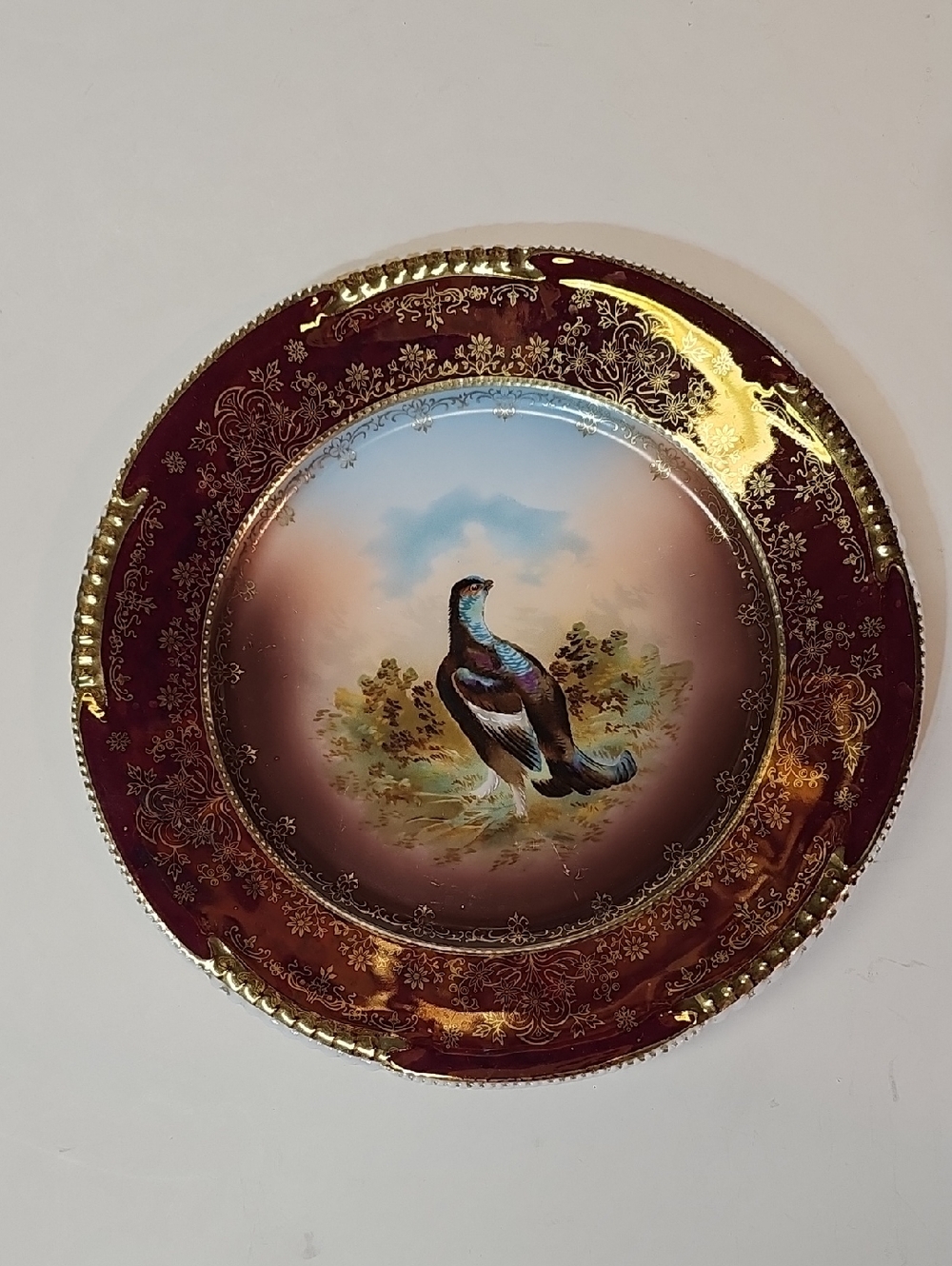 Antique Royal Vienna Porcelain Charger Plate with Painted Bird - Burgundy + Gold